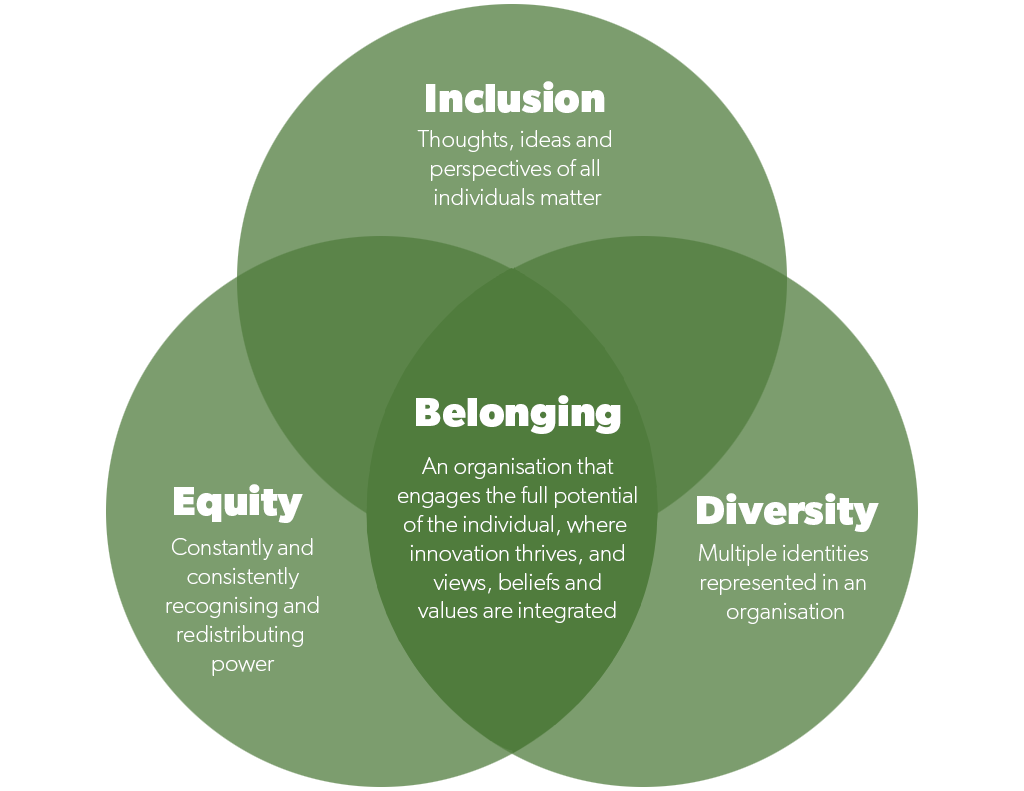 Diversity: Multiple identities represented in an organisation. Equity: Constantly and consistently recognising and redistributing power. Inclusion: Thoughts, ideas and perspectives of all individuals matter. Belonging: An organisation that engages full potential of the individual, where innovation thrives, and views, beliefs and values are integrated.